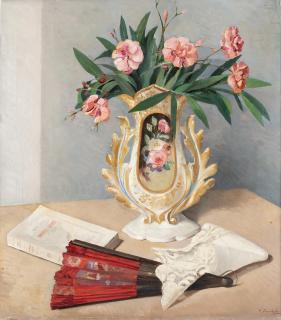 Francesco Trombadori - Composizione con vaso di fiori, ventaglio e libro