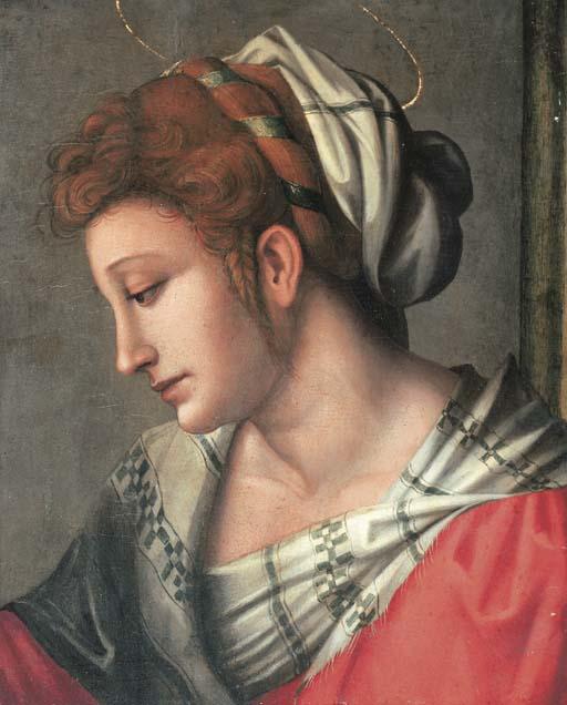 Francesco Ubertini - A female saint, bust-length, in a red dress with a white headdress