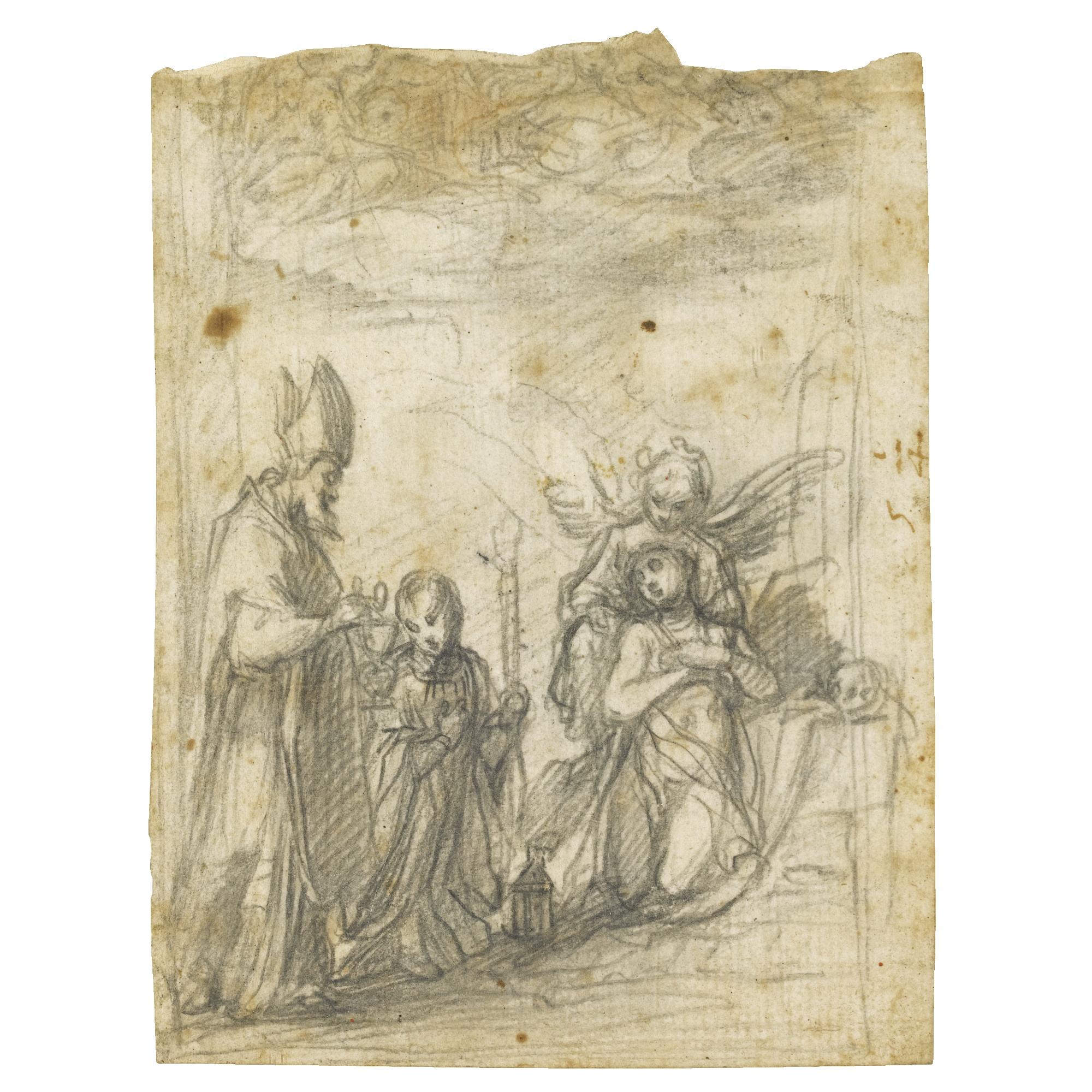 Francesco Vanni - A Bishop Saint Before A Female Saint, Possibly Saint Catherine Of Siena, Supported By An Angel