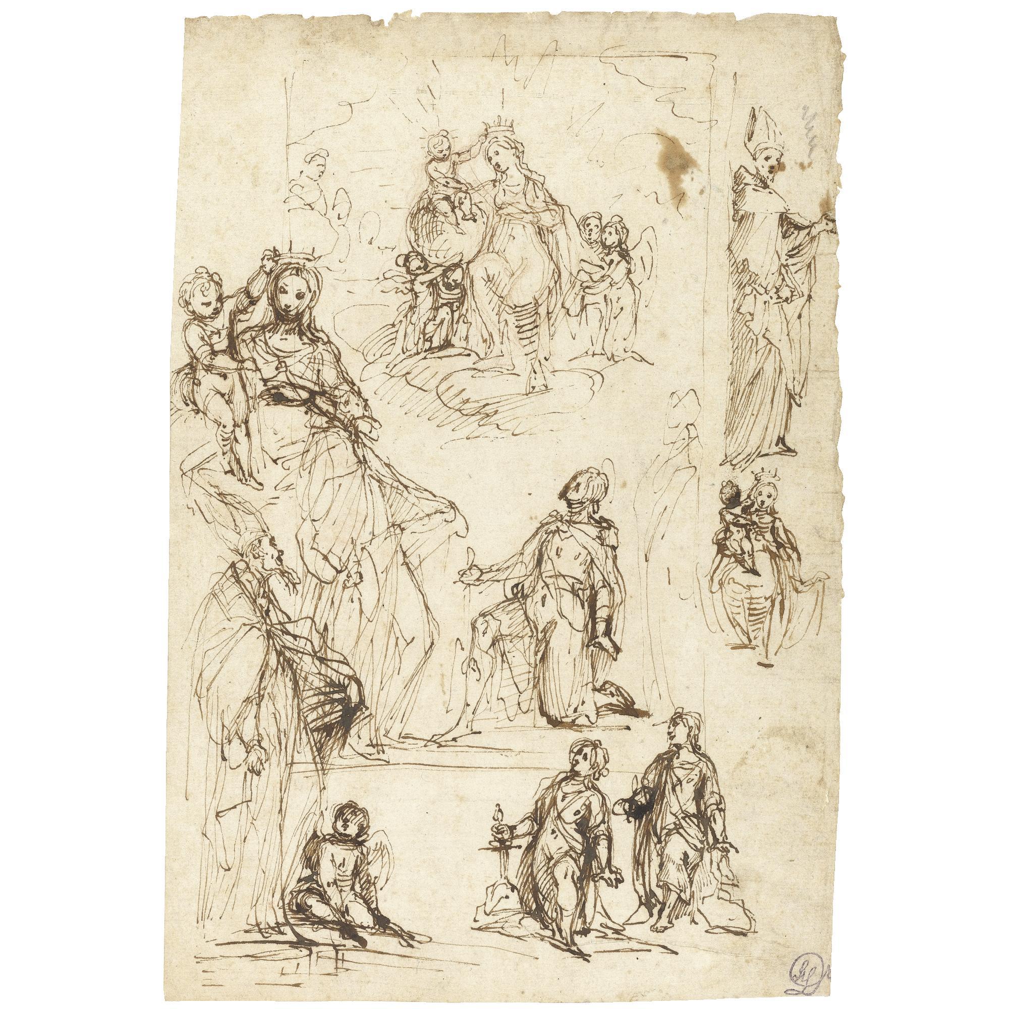 Francesco Vanni - Sheet Of Studies With The Coronation Of The Virgin And Various Saints