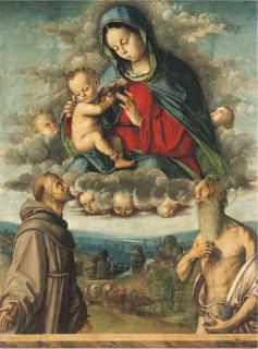 Francesco Zaganelli da Cotignola - The Madonna and Child appearing to Saints Francis of Assisi and Jerome