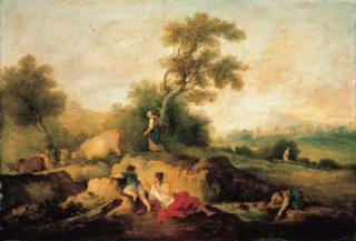 Francesco Zuccarelli, R.A. - A landscape with figures by a stream, herdsmen and cattle beyond