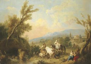 Francesco Zuccarelli, R.A. - A landscape with peasants and animals by a river with a fortified town on a ridge beyond