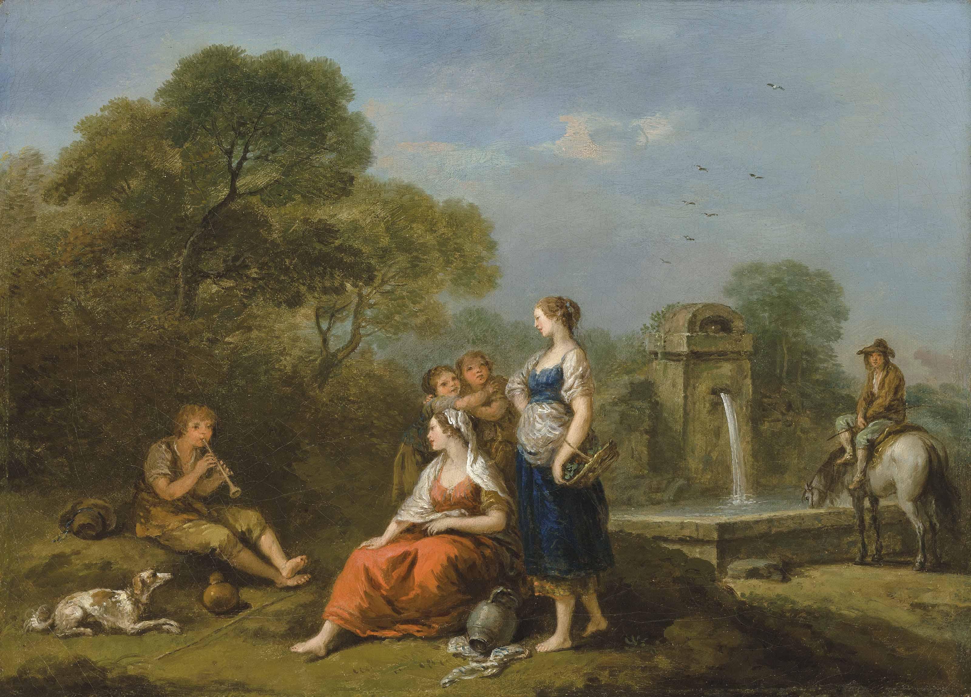 Francesco Zuccarelli, R.A. - A pastoral landscape with figures at rest by a fountain, listening to a boy making music
