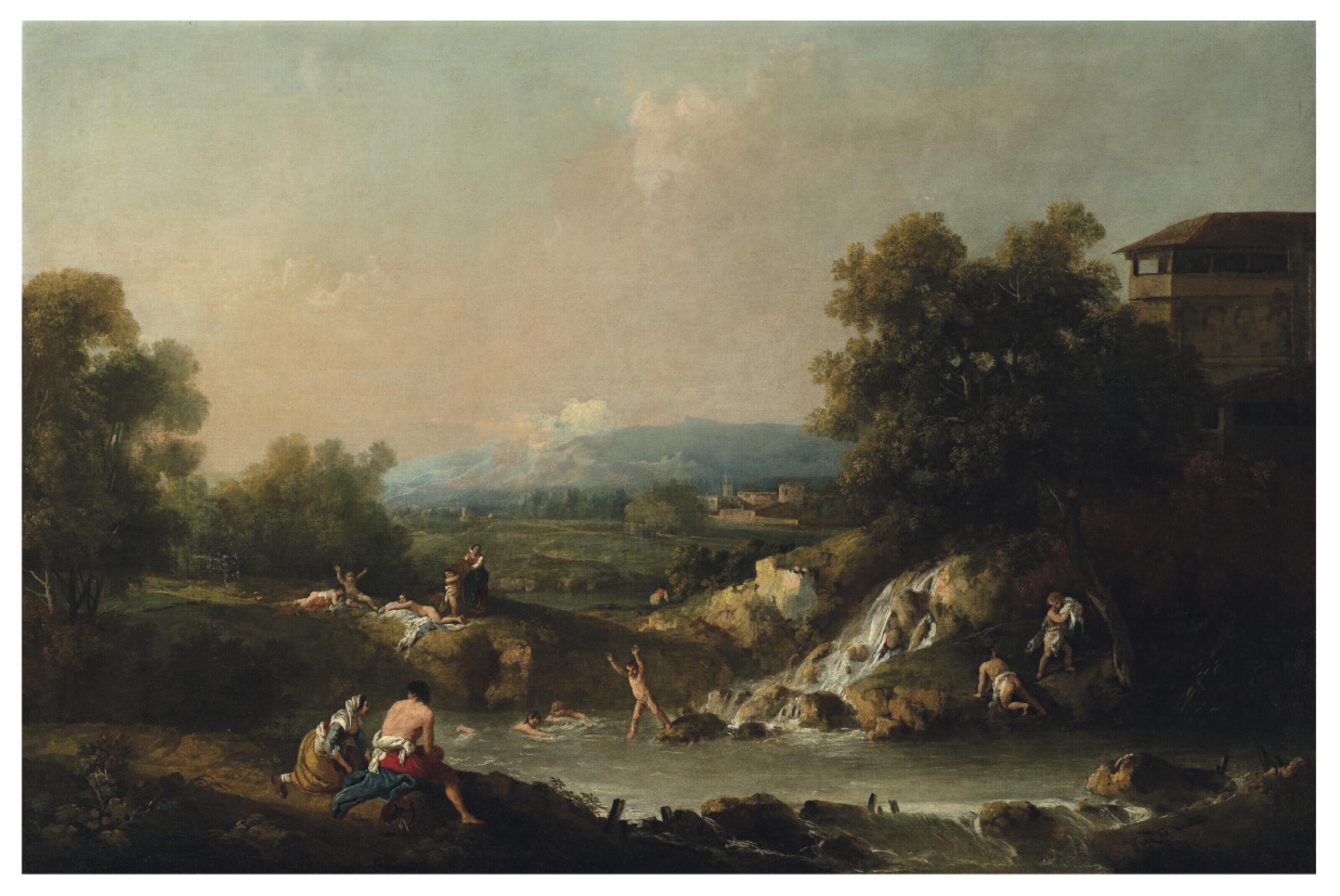 Francesco Zuccarelli, R.A. - A river landscape with bathers
