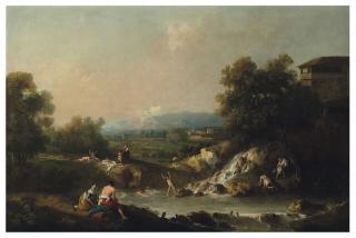 Francesco Zuccarelli, R.A. - A river landscape with bathers