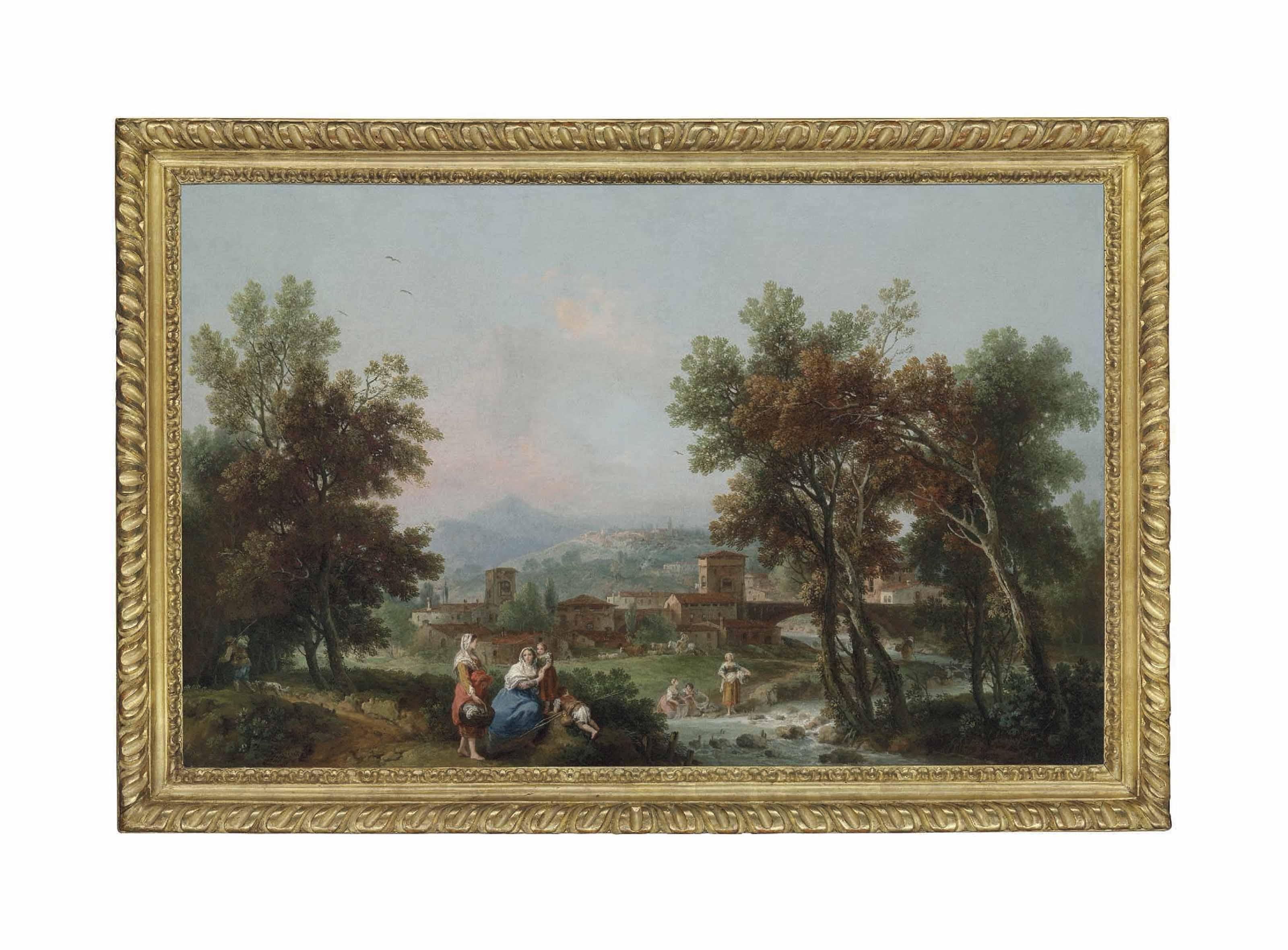 Francesco Zuccarelli, R.A. - A Wooded Landscape With Washerwomen By A River, A Pedlar On A Path Nearby, A Town And Hills Beyond