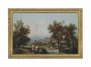 Francesco Zuccarelli, R.A. - A Wooded Landscape With Washerwomen By A River, A Pedlar On A Path Nearby, A Town And Hills Beyond
