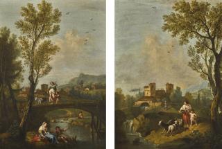 Francesco Zuccarelli, R.A. - A Wooded River Landscape With A Bridge Over A Stream With A Woman And Child Fishing On The Bank; A Landscape With A Woman And Child Herding Goats Down To A Stream, A Waterfall And Village In The Distance