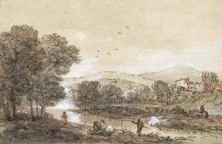 Francesco Zuccarelli, R.A. - A wooded river landscape with an angler, drovers and a town beyond