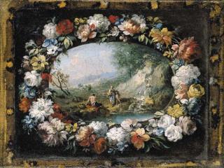 Francesco Zuccarelli, R.A. - A wooded river landscape with figures by a waterfall, within a feigned cartouche decorated with a garland of flowers