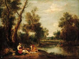 Francesco Zuccarelli, R.A. - A wooded river landscape with figures resting on a bank