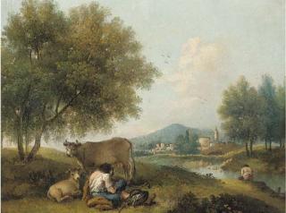 Francesco Zuccarelli, R.A. - A wooded river landscape with herdsmen and cattle, a town beyond