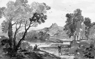 Francesco Zuccarelli, R.A. - An Italian river landscape with two travellers on a road