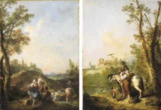 Francesco Zuccarelli, R.A. - An Italianate Landscape With A Washerwoman And Young Boys Fishing In A Stream; And An Italianate Landscape With Travellers On Horseback Resting By A River