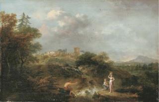 Francesco Zuccarelli, R.A. - An Italianate river landscape with a herdsman and women fetching water