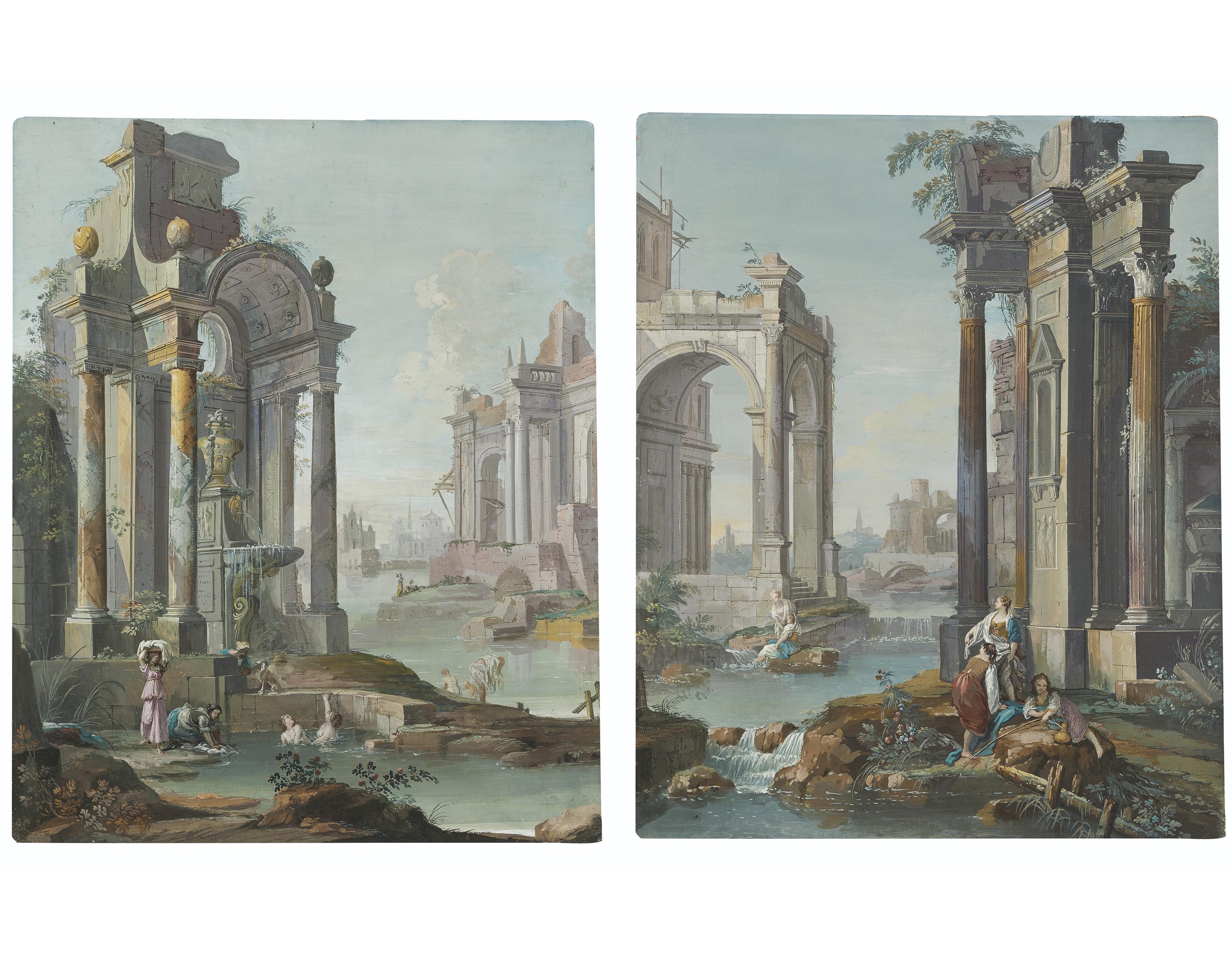 Francesco Zuccarelli, R.A. - An Italianate river landscape with classical ruins, bathers and laundresses; and An Italianate river landscape with classical ruins and laundresses