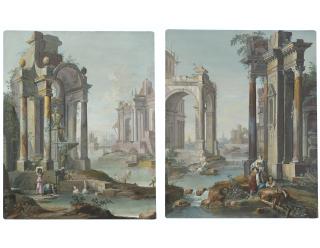 Francesco Zuccarelli, R.A. - An Italianate river landscape with classical ruins, bathers and laundresses; and An Italianate river landscape with classical ruins and laundresses