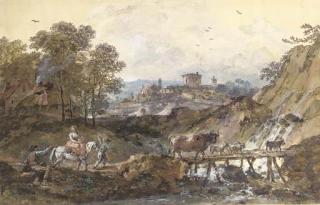 Francesco Zuccarelli, R.A - An Italianate River Landscape With Travellers And Livestock Crossing A Bridge