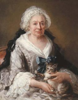 Francesco Zuccarelli, R.A. - Portrait of an old lady, seated half-length, in a lilac satin dress with embroidered cuffs and head-dress and a blue ribbon, a cat on her lap
