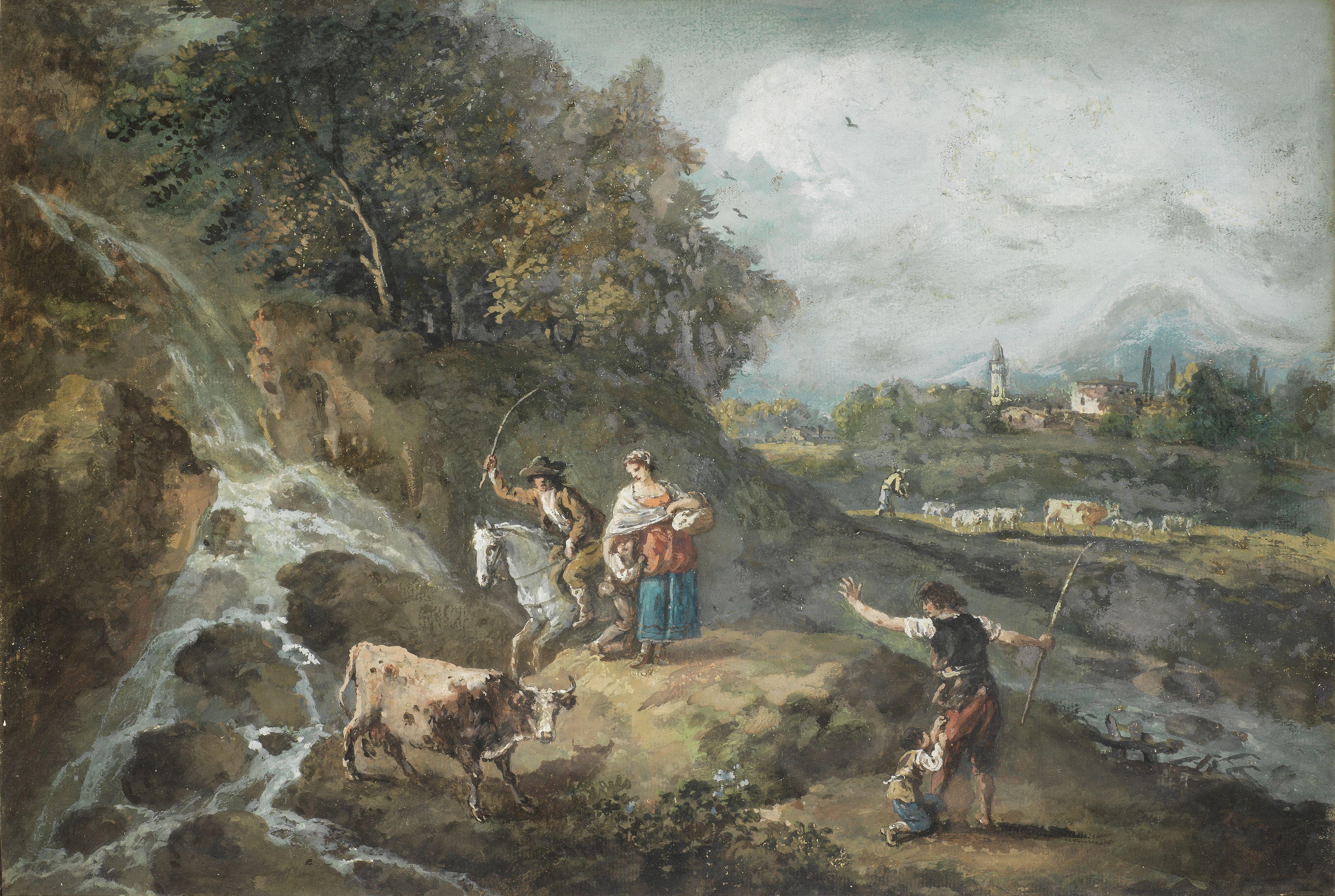 Francesco Zuccarelli - A cowherd on horseback chasing a bull with other pastoral figures beside a waterfall