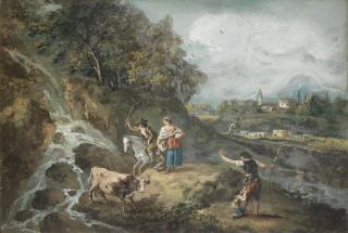 Francesco Zuccarelli - A cowherd on horseback chasing a bull with other pastoral figures beside a waterfall