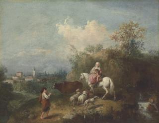 Francesco Zuccarelli - A pastoral landscape, with a woman and child on a white horse, a shepherd playing a pipe and a village beyond