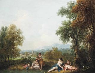 Francesco Zuccarelli - A Pastoral River Landscape With Figures Bathing