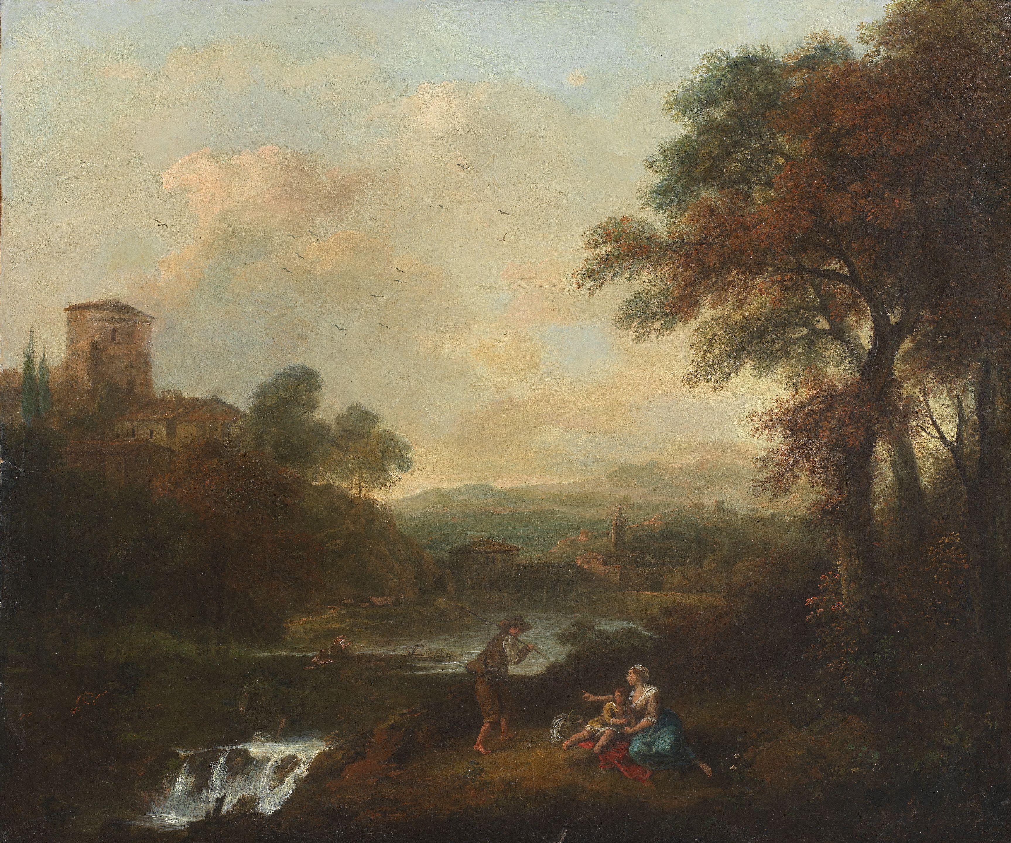 Francesco Zuccarelli - A river landscape with washerwomen before a waterfall; and A river landscape with a woman and child and a traveller on the banks (2)