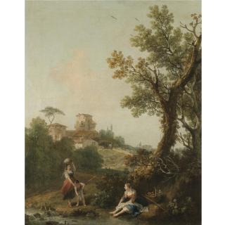 Francesco Zuccarelli - A Wooded River Landscape With A Boy And His Mother Fishing And Another Woman Resting In The Foreground, A Traveller Approaching A Village Beyond