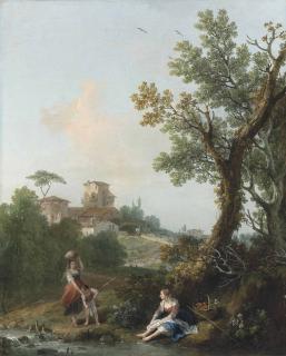 Francesco Zuccarelli - A Wooded River Landscape With A Boy Fishing And Two Peasant Women, A Village Beyond