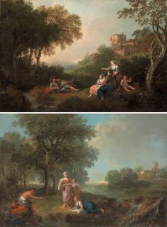 Francesco Zuccarelli - A wooded river landscape with figures resting and fishing, cattle watering at a river in the distance; and A wooded landscape with figures resting and fishing by a stream