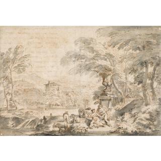 Francesco Zuccarelli - A Youth Serenading A Shepherdess In An Ornamental Garden, A Landscape Beyond