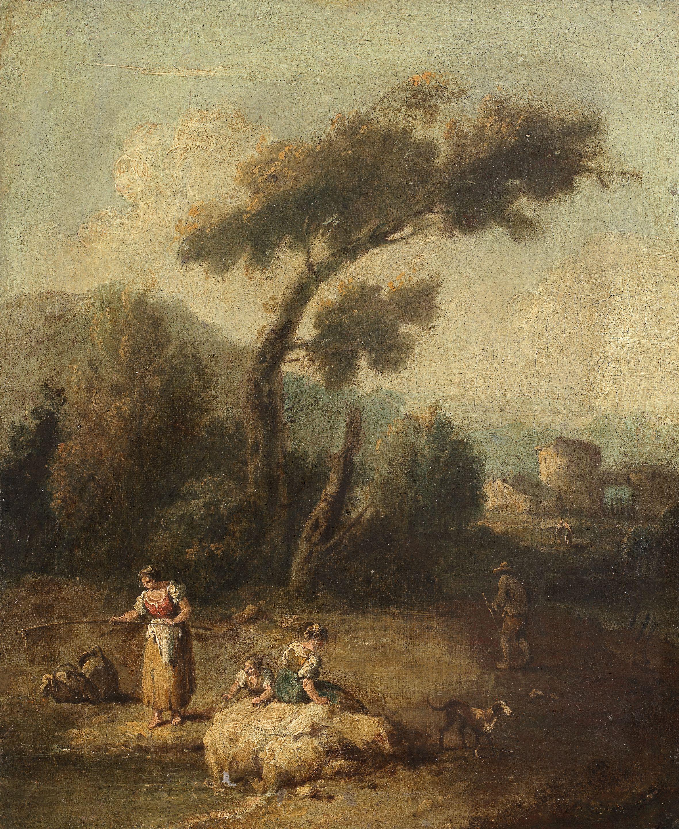 Francesco Zuccarelli - An Italianate landscape with figures beside a stream; and A river landscape with figures seated before a bridge (2)