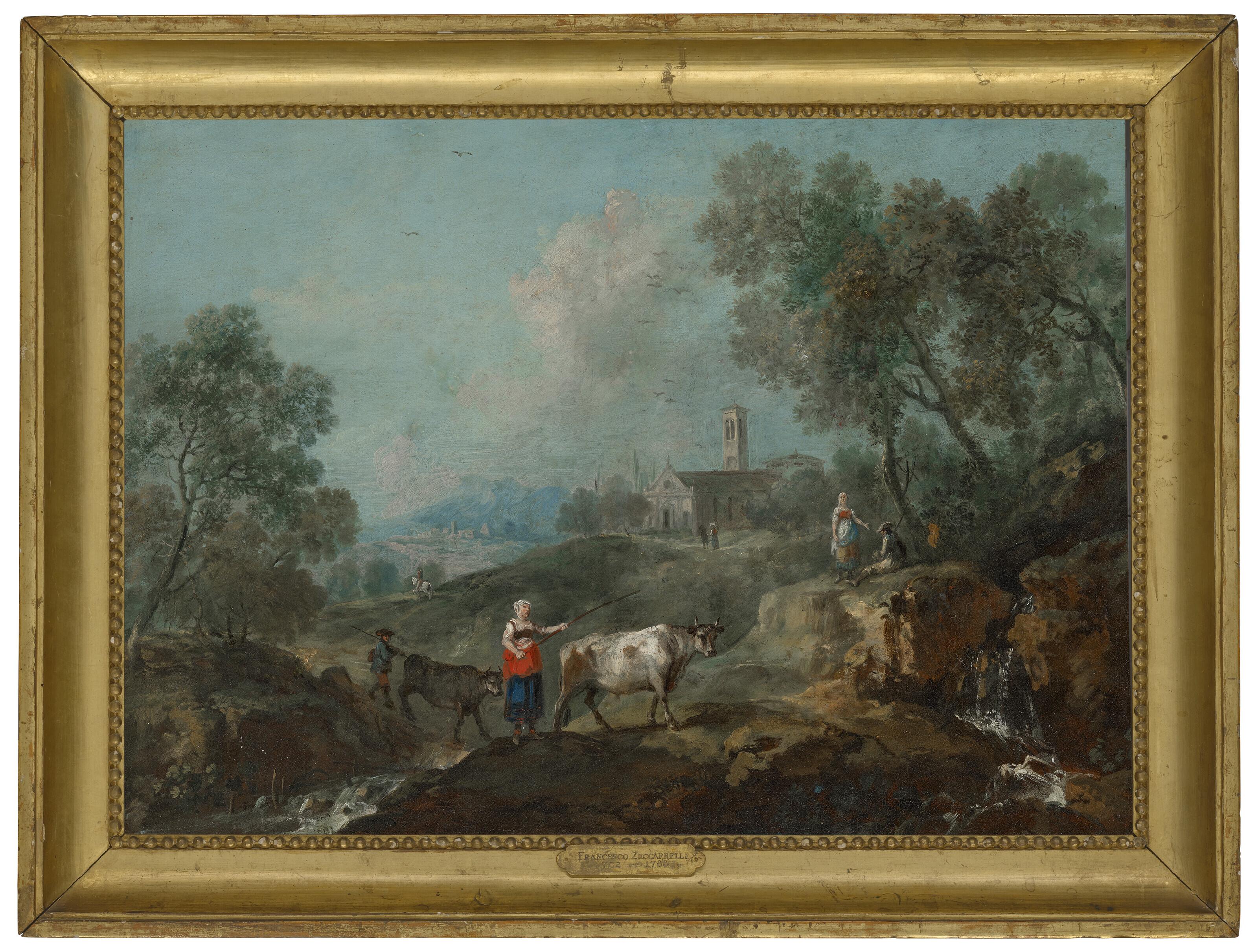 Francesco Zuccarelli - An Italianate landscape with peasants herding cattle near a stream, a town beyond