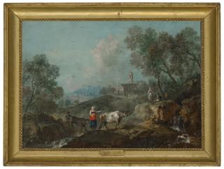 Francesco Zuccarelli - An Italianate landscape with peasants herding cattle near a stream, a town beyond