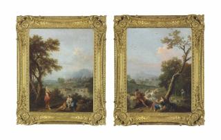 Francesco Zuccarelli - An Italianate Landscape With Washerwomen, A Child Playing And A Man Fishing Beyond; And An Italianate Landscape With Young Women And A Fisherman Before A Cascade