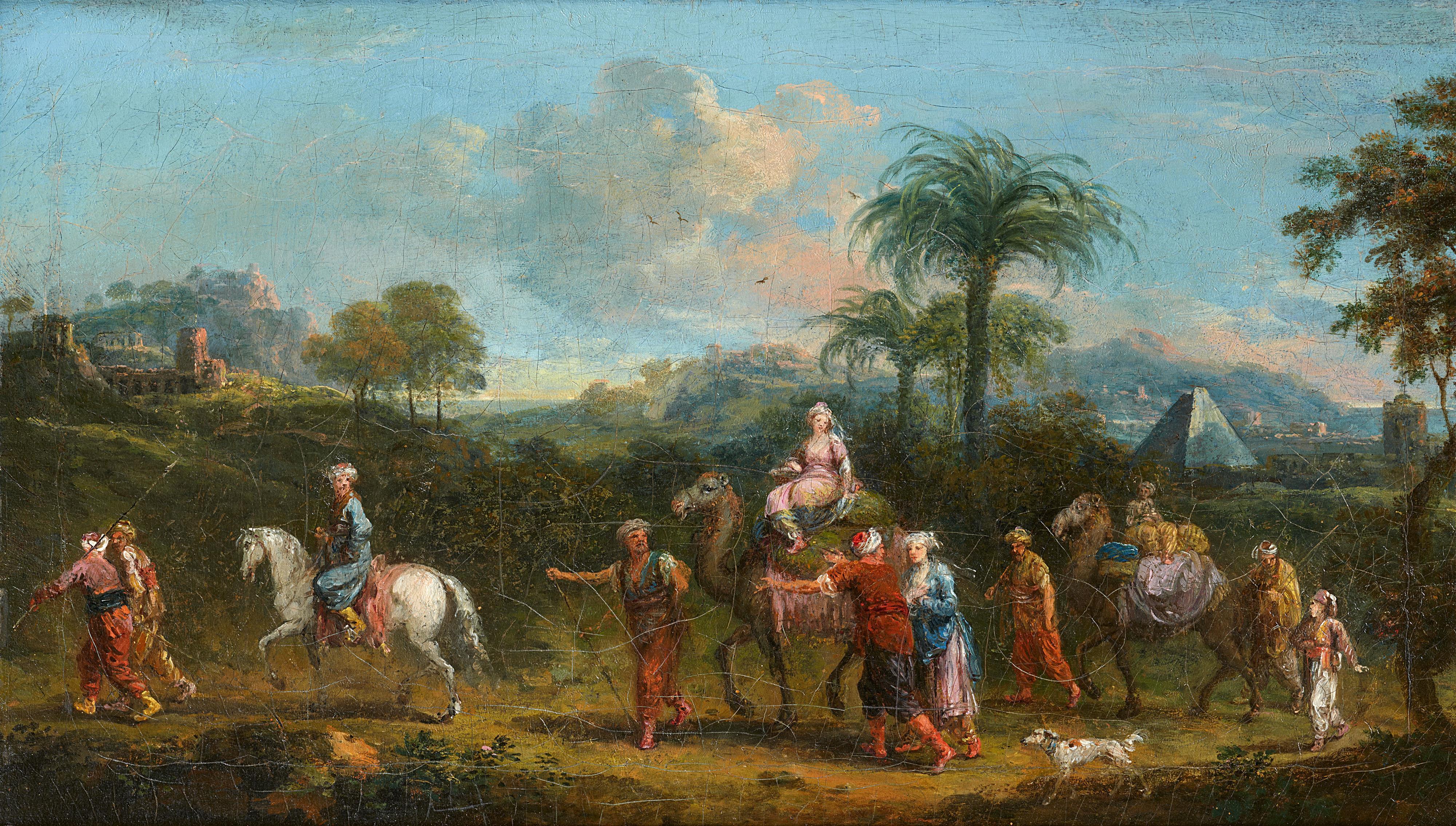 Francesco Zuccarelli - Ein orientalischer Umzug in einer Landschaft mit Pyramide im Hintergrund