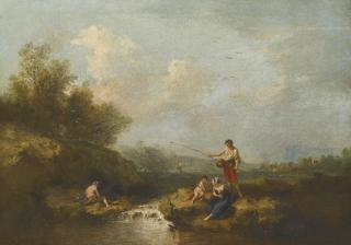 Francesco Zuccarelli - Fishermen And Other Figures Beside A Flowing Stream