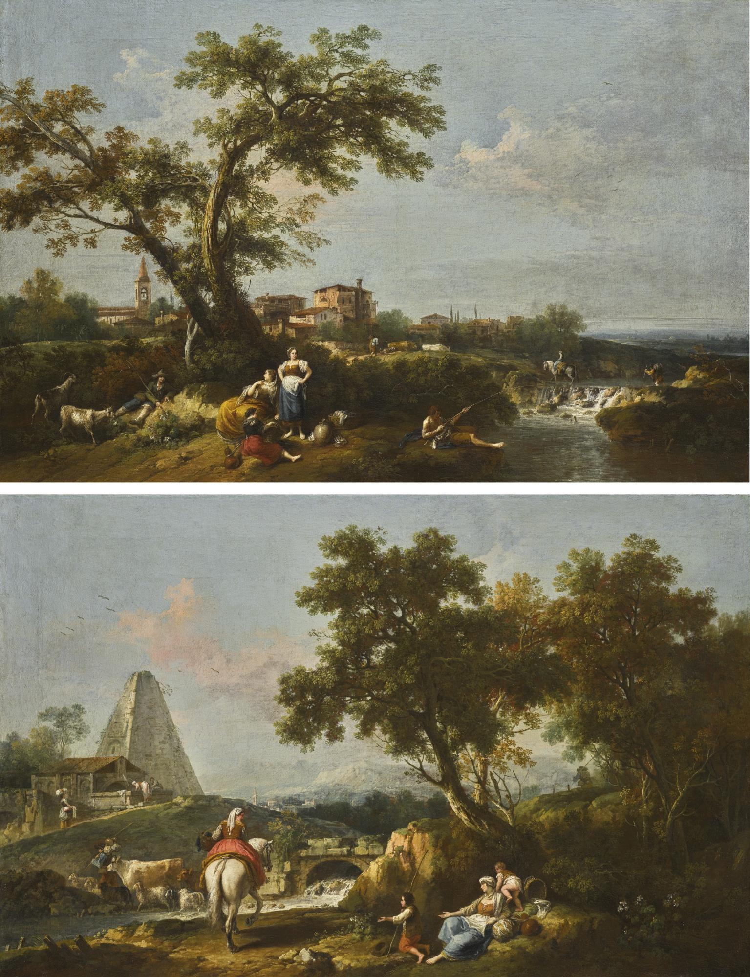 Francesco Zuccarelli - Landscape With A River, A Shepherd, Washerwomen And A Fisherman On The Bank, A Town Beyond Landscape With A Pyramid Beside A River And A Bridge, With A Drover, And A Lady On Horseback Passing A Family On The Bank