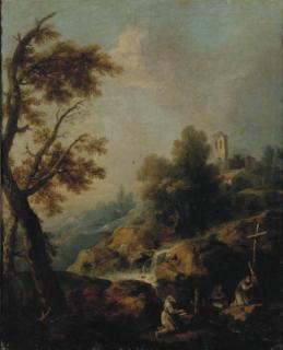 Francesco Zuccarelli - Moines priant dans un paysage rocheux