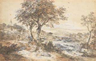 Francesco Zuccarelli - Un paysage avec des figures sous un arbre, un village à l\'arrière-plan