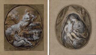 Francesco Zuccarelli - Une femme allaitant un enfant, une chèvre et une femme assise, une main posée sur le menton; et Une femme tenant un enfant dans ses bras