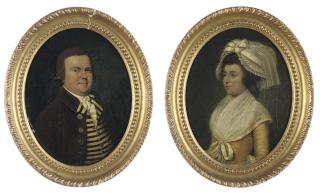 Francis Alleyne - Portrait of a gentleman, small-half-length, in a yellow and blue striped waistcoat and brown coat; and Portrait of a lady, small- half-length, in a yellow dress and white lace wrap