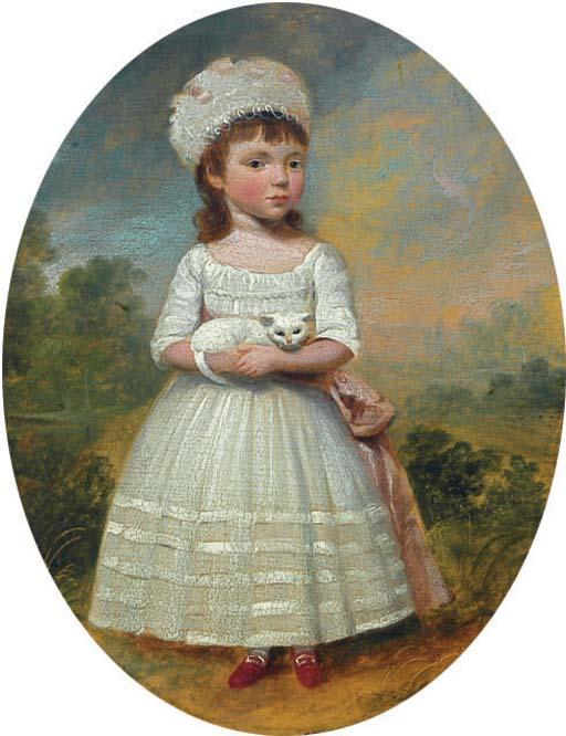 Francis Alleyne - Portrait of a lady in a garden; also a companion Portrait of a lady; and A portrait of a child with her cat