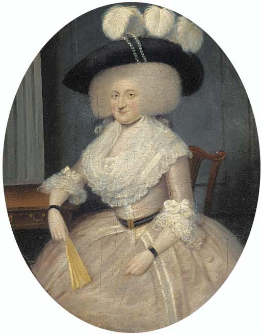 Francis Alleyne - Portrait of a lady, small three-quarter-length, in a pink dress with lace trimming, holding a fan, in an interior
