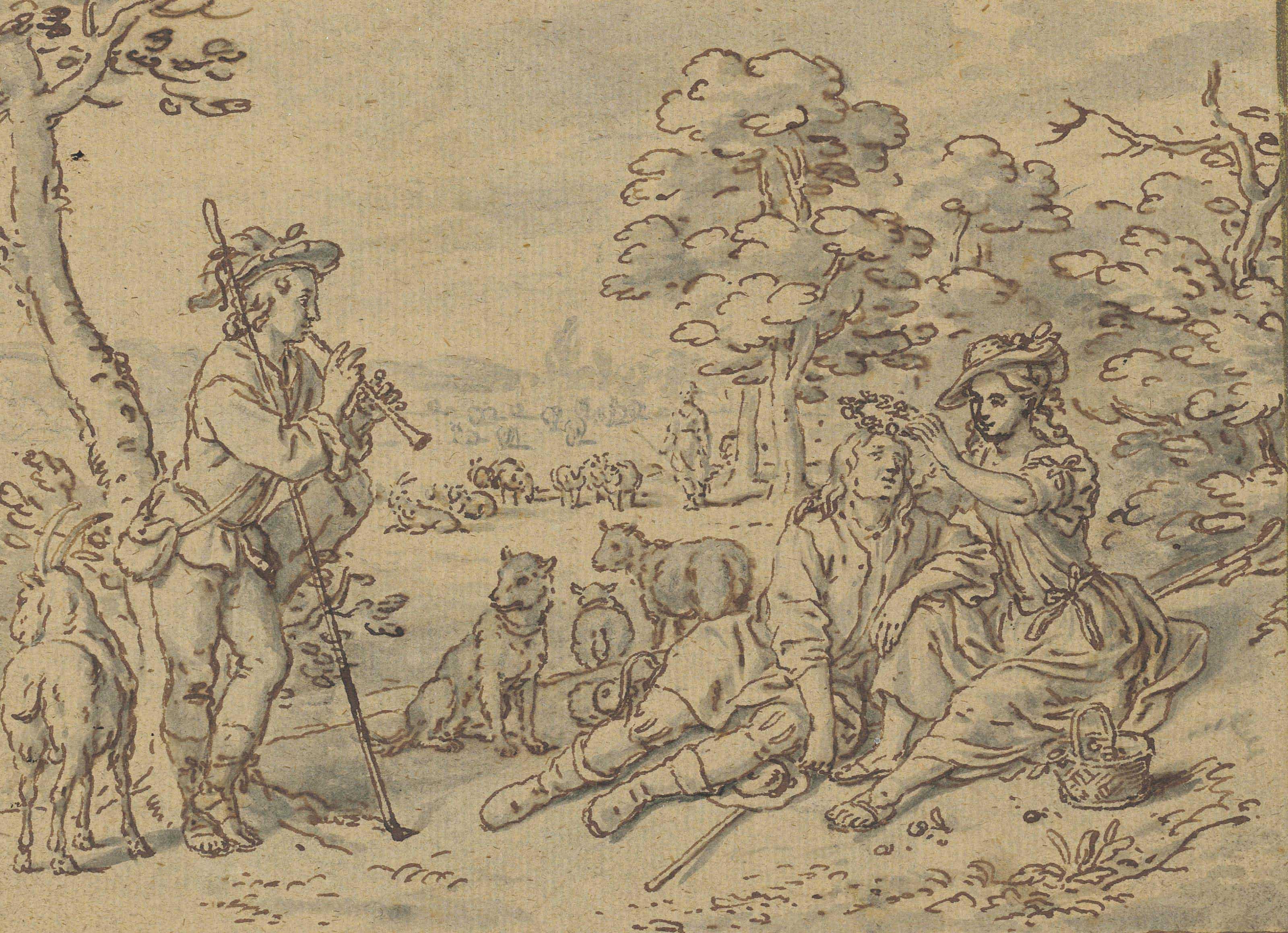 Francis Barlow - A shepherdess garlanding her swain, a young man playing a pipe