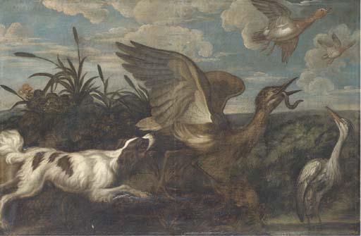Francis Barlow - A Spaniel Chasing A Bittern, With A Heron And Duck, In A Landscape