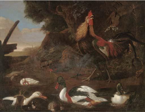 Francis Barlow - Cock, A Hen, Ducks And Ducklings In A River Landscape