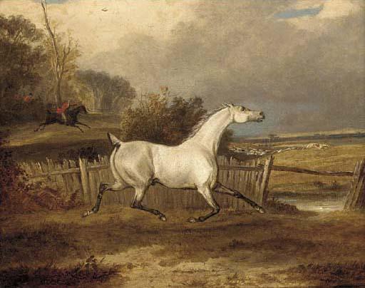 Francis Calcraft Turner - A grey in a paddock with a hunt beyond